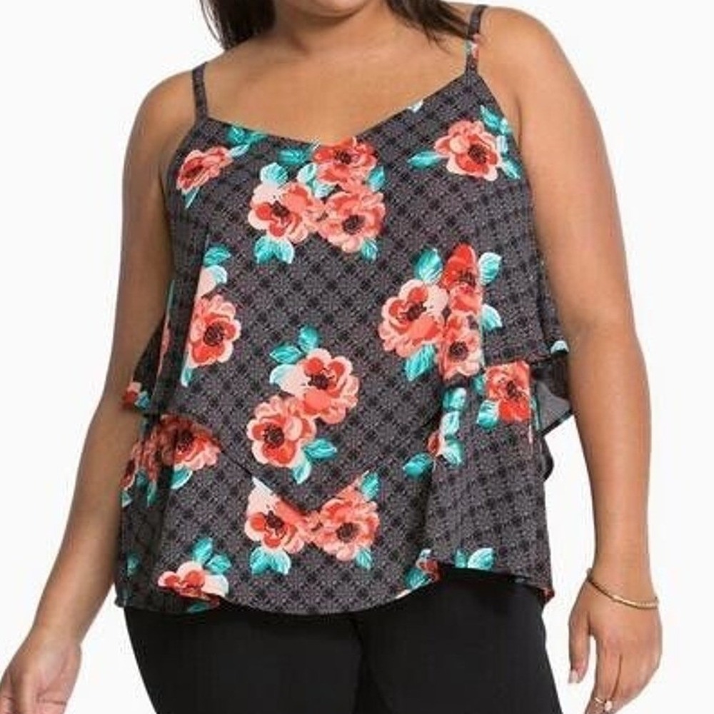 Torrid Plus Size 2X Floral Layered Crisscross Cami Tank Top Chiffon Swing V-neck